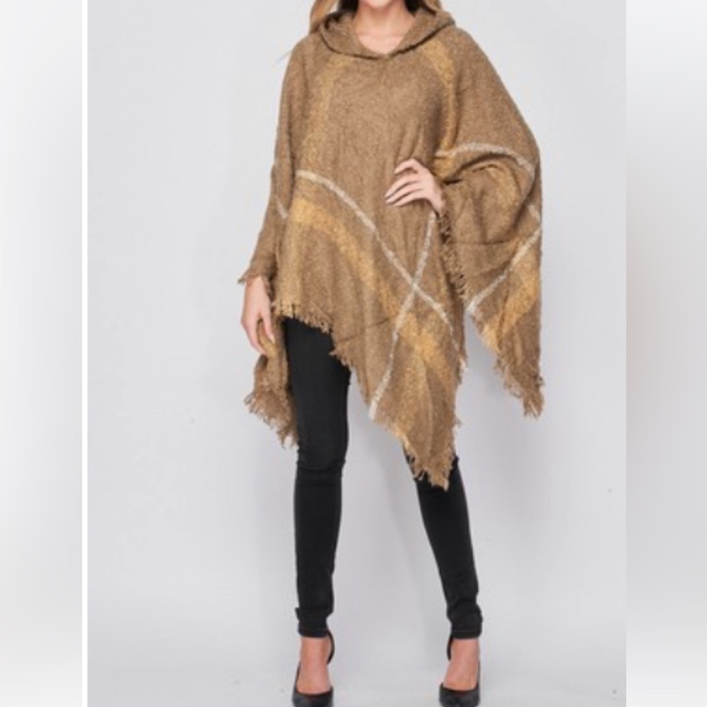 Boho Modern Plaid Hooded Fringed Poncho